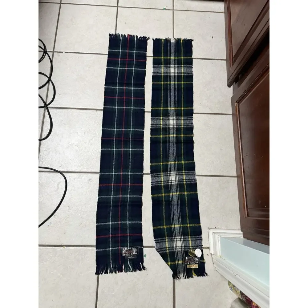 2 Lot Vnt Glentana Blue Green Plaid 100 Wool Fringed Scarf Made In Scotland 46x8